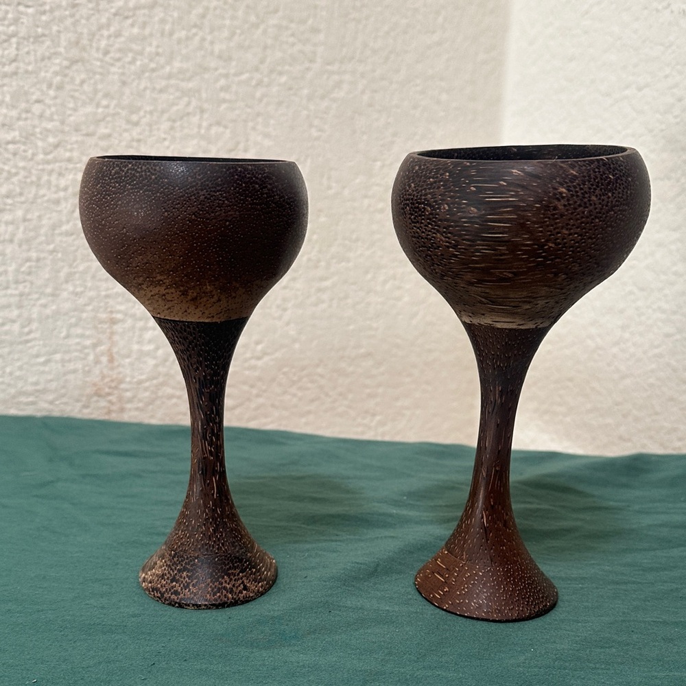 Vintage Set Of 2 MCM Hand Turned Assembled Palm Wood Port Wine Goblets 3 Ounces